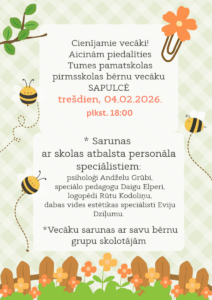 Cienijamie vecaki Aicinam piedalities Tumes pamatskolas pirmsskolas bernu vecaku SAPULCE tresdien 04.02.2026. plkst. 18001
