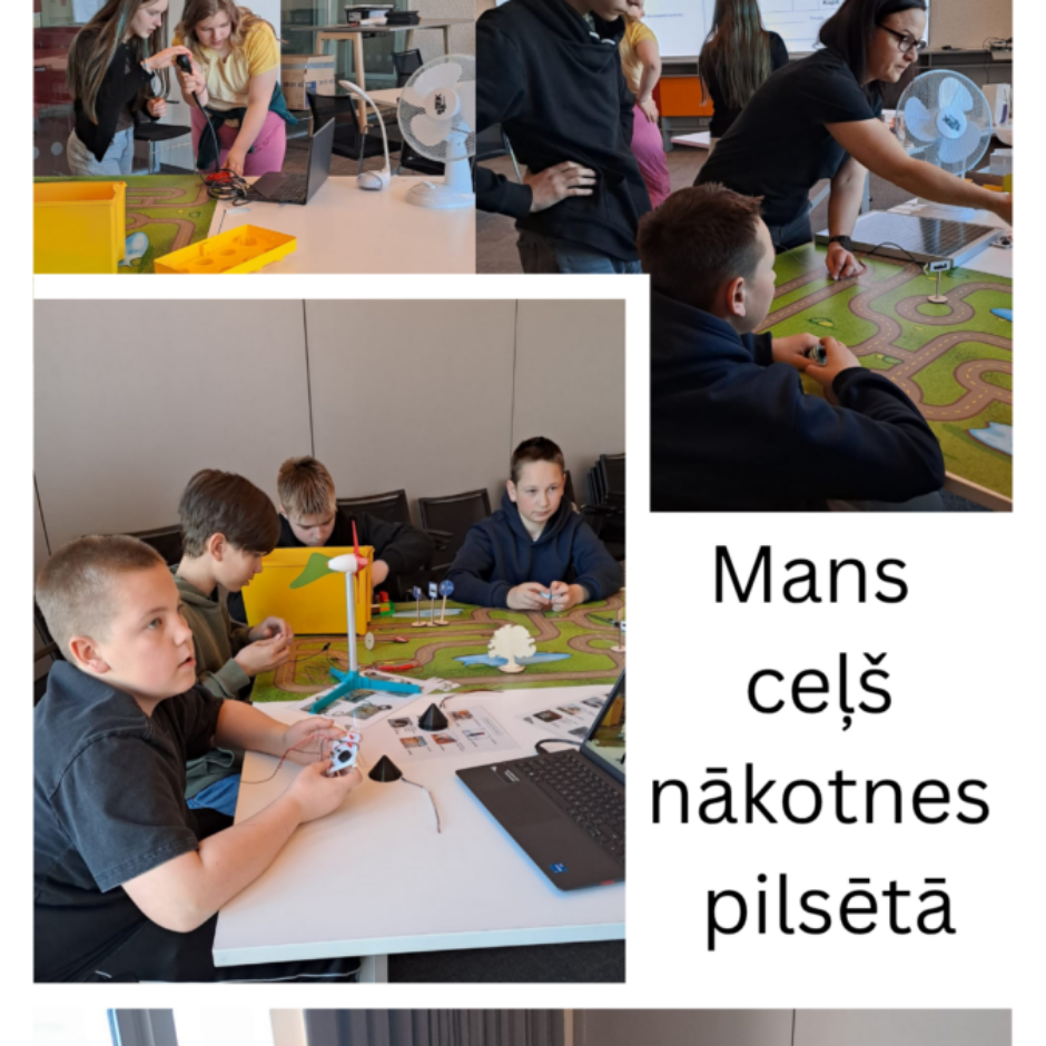 Kolāža, kurā redzami skolēni – gan zēni, gan meitenes – ar pieaugušajiem mentoriem, strādājot pie galdiem. Viņi veido modeļus un savieno tehniskas komponentes, izmantojot klēpjdatorus, uz zaļa ceļu paklāja, kas atgādina pilsētas plānu. Attēlā redzams teksts: Mans ceļš nākotnes pilsētā.