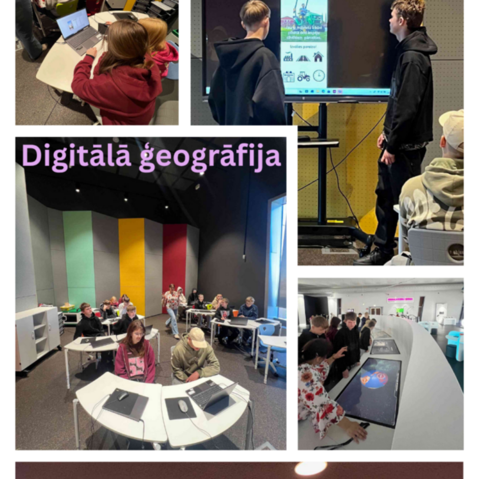 Kolāža, kas attēlo skolēnus, kuri iesaistījušies dažādās izglītības aktivitātēs, izmantojot digitālās tehnoloģijas. Redzams virsraksts 