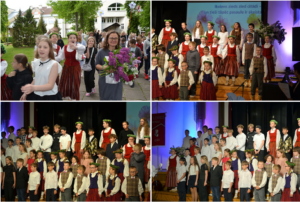 Kolāža, kas attēlo bērnu pasākumu. Vienā no attēliem redzama smaidīga sieviete, kas ārpus telpām tur lielu ceriņu pušķi, ap viņu ir bērni, daži no tiem tautastērpos. Citos attēlos liela grupa bērnu uz skatuves, daudzi tērpušies latviešu tautastērpos un rotājušies ar lapu vainagiem galvā. Aiz viņiem uz ekrāna lasāms teksts: "Ikviens zied citādi – un tieši tāpēc pasaule ir skaista". 