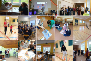 Kolāža attēlo skolēnus un pieaugušos dažādās skolas aktivitātēs. Klasēs bērni strādā pie galdiem un datoriem, piedalās grupu diskusijās un uzdevumos. Vienā kadrā skolotājs rāda prezentāciju ar tekstu: "Cik gadus Tu dzīvo un ceļo pa Turciju dārzā?". Sporta zālē redzami skolēni spēlējam basketbolu, pārvaram šķēršļus, balansējam un veicam stiepšanās vingrinājumus. Daži arī spēlē spēles uz grīdas un strādā ar specializētu aprīkojumu.