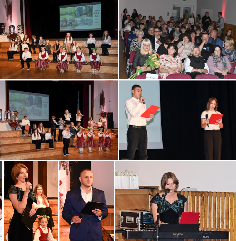 Attēlu kolāža, kas atspoguļo Tumes skolas 105 gadu jubilejas svinības. Uz skatuves redzami skolēni, tostarp bērni tautas tērpos dejojot vai dziedot, kamēr pieaugušie un jaunieši sniedz uzrunas mikrofonos. Uz ekrāna redzams uzraksts "Tumes skolai – 105". Auditorija zālē vēro notiekošo, un viena sieviete spēlē sintezatoru.