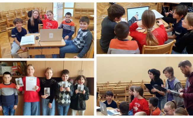 Kolāža, kurā attēloti bērni programmēšanas vai tehnoloģiju pasākumā. Augšējā kreisajā attēlā seši bērni smaida pie galda ar klēpjdatoru. Augšējā labajā attēlā bērni sadarbojas ap klēpjdatoru, kas rāda animētu varoni. Apakšējā kreisajā attēlā pieci bērni lepni tur sertifikātus un mazas elektroniskas balvas.