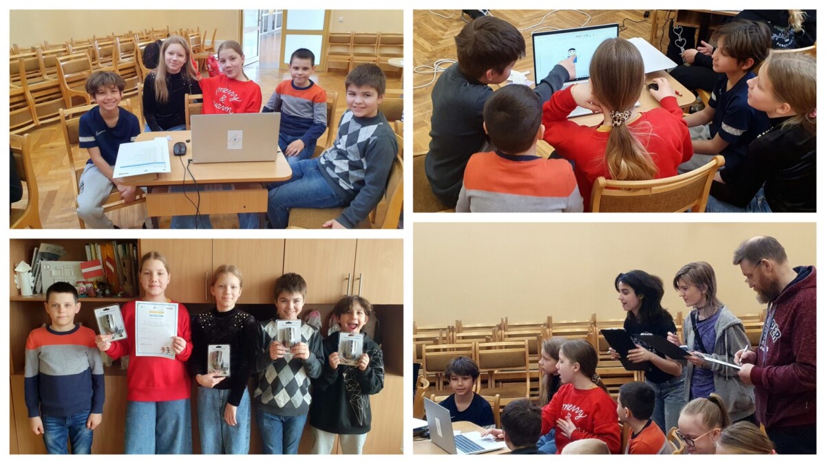 Kolāža, kurā attēloti bērni programmēšanas vai tehnoloģiju pasākumā. Augšējā kreisajā attēlā seši bērni smaida pie galda ar klēpjdatoru. Augšējā labajā attēlā bērni sadarbojas ap klēpjdatoru, kas rāda animētu varoni. Apakšējā kreisajā attēlā pieci bērni lepni tur sertifikātus un mazas elektroniskas balvas.